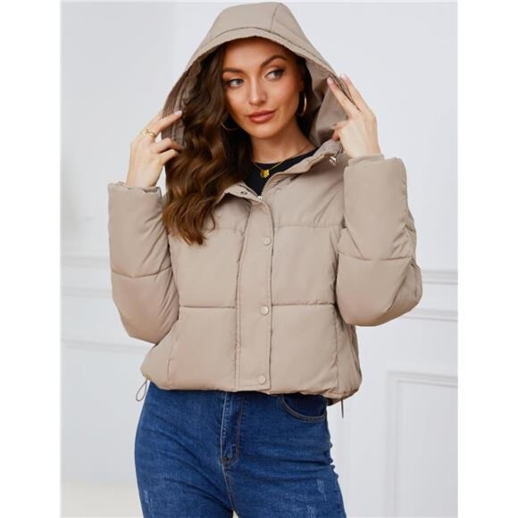 Womens Cropped Puffer Jacket Hooded Zip Up Khaki - Picture 4 of 6